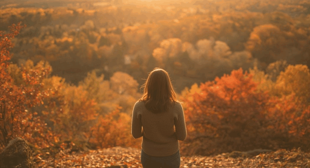 Frau hält inne und wendet sich liebevoll ihrem inneren Kind zu