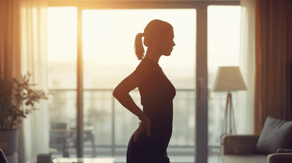 Frau steht rastlos am Fenster – kann nicht zur Ruhe kommen und abschalten trotz Pause