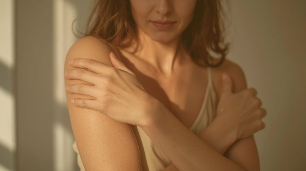 Frau legt im Havening Touch die Hände an die Schultern, um sich zu beruhigen und belastende Emotionen sanft zu lösen