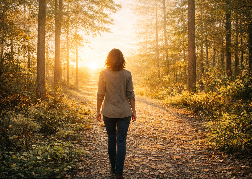 Frau geht achtsam durch den Waold bei Sonnenuntergang – Symbol für Selbstmitgefühl, inneren Wandel und echte Veränderung.