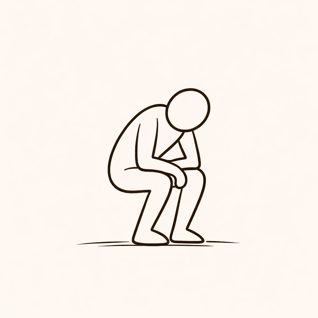 Illustration eines erschöpften Perfektionisten, der zusammengesunken sitzt und keine Kraft mehr hat