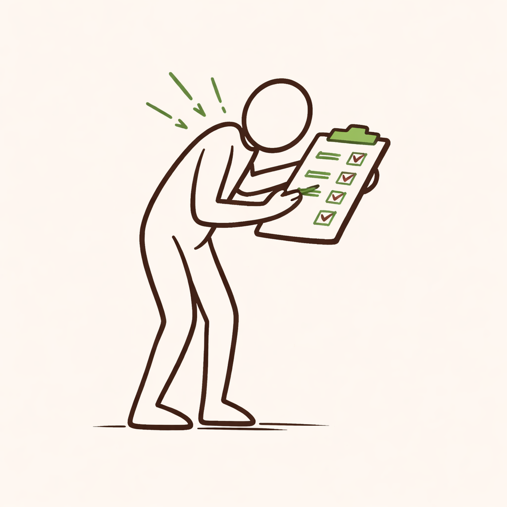 Illustration eines kontrollierenden Perfektionisten, der mit Checkliste arbeitet und unter innerer Anspannung steht