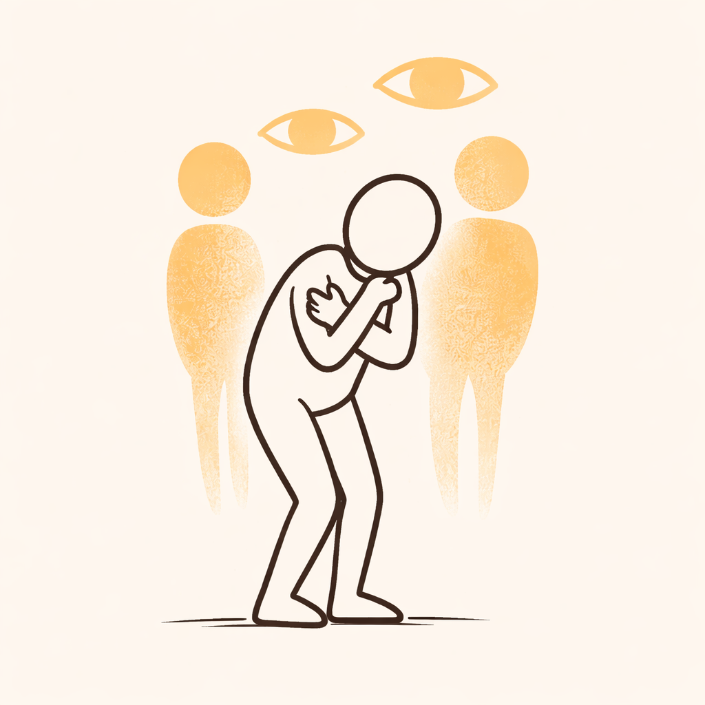 Illustration eines beziehungsorientierten Perfektionisten, der sich beobachtet fühlt und sich aus Angst vor Bewertung zurückzieht