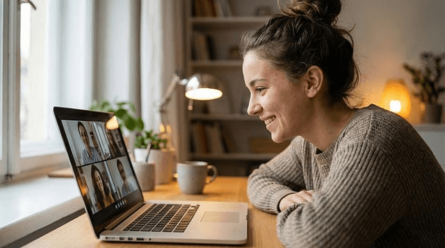 Frau sitzt vor Laptop und führt das Meeting souverän durch, nachdem sie alte Konflikte im Job gelöst hat.